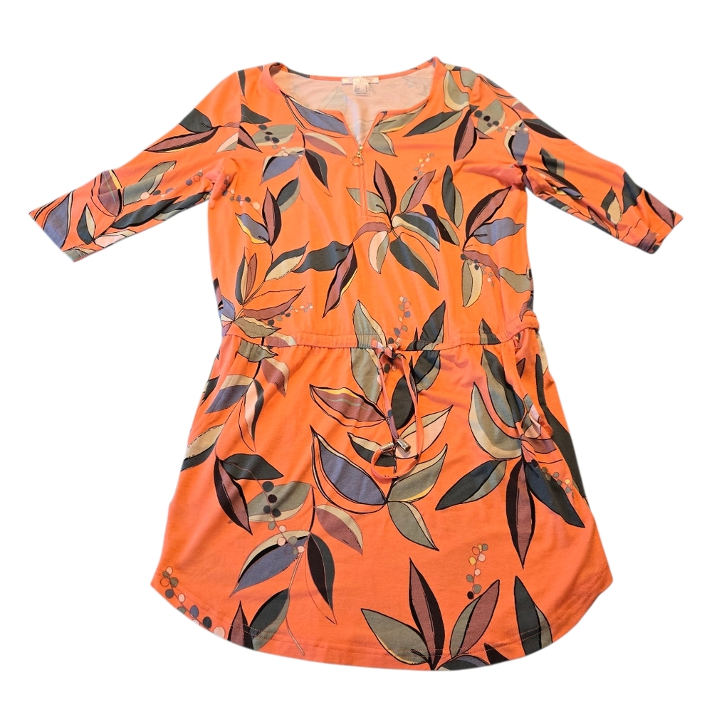 Lascana Venus Orange Floral 3/4 Sleeve Dress w/Drawstring & Pockets Size S F16